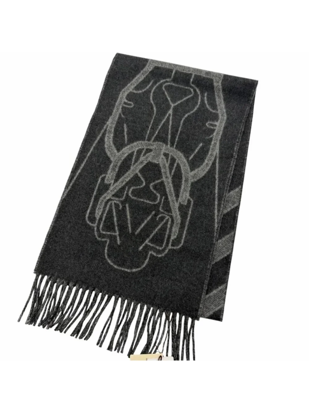 Hermes Tet A Tet Equestre Cashmere Hose Fringe Scarf Shawl Charcoal Gray